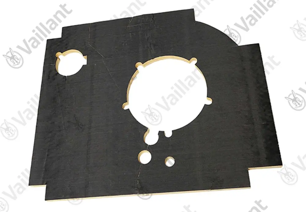 Mattes schwarzes Isoliermaterial mit mehreren Ausschnitten, auf dem Vaillant-Logo sichtbar ist. Eignet sich zur Verwendung in Heizungs- oder Klimageräten.